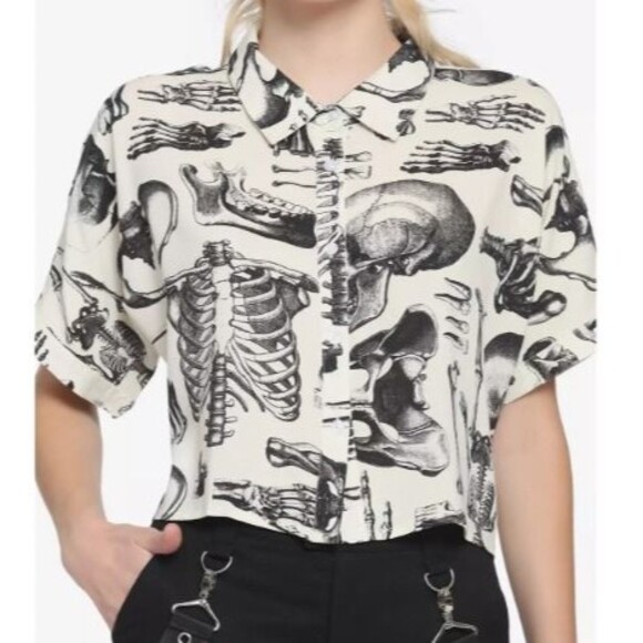 Hot Topic Tops - Anatomical Skeleton Sepia Boxy Girls Crop Woven Button-Up Small